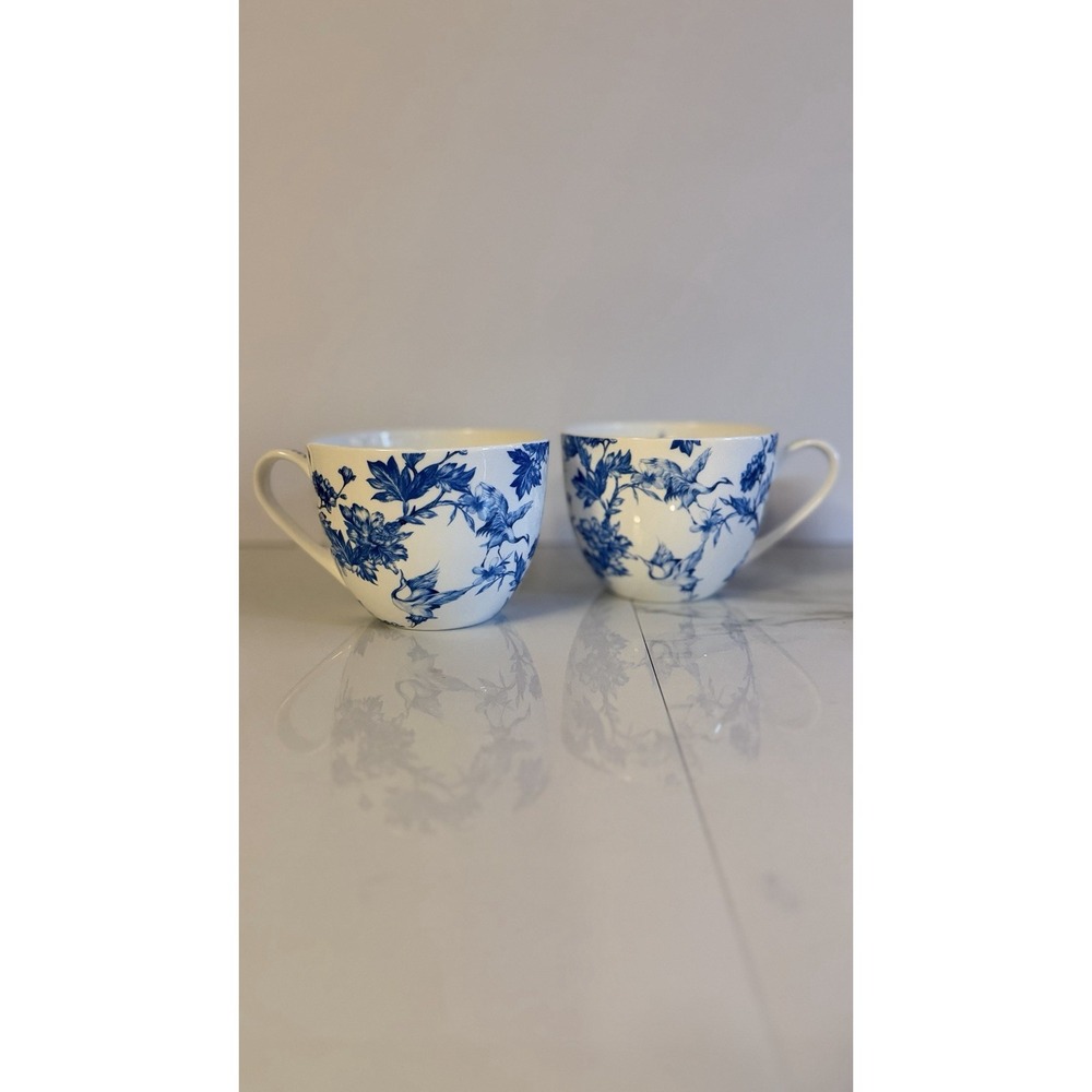 2 Bluebird & Willow Fine Bone China Mug Blue White Floral Crane Coffee Tea